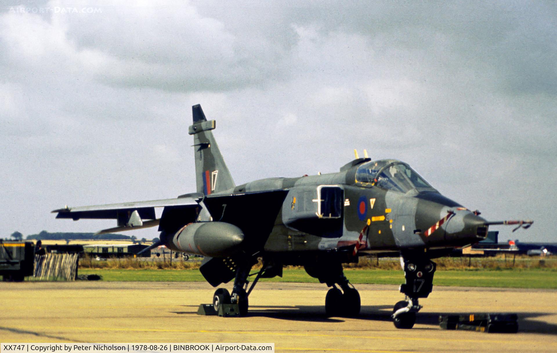 XX747, 1974 Sepecat Jaguar GR.1 C/N S.44, Jaguar GR.1 of 226 Operational Conversion Unit based at RAF Lossiemouth in the static park at the 1978 RAF Binbrook Airshow.