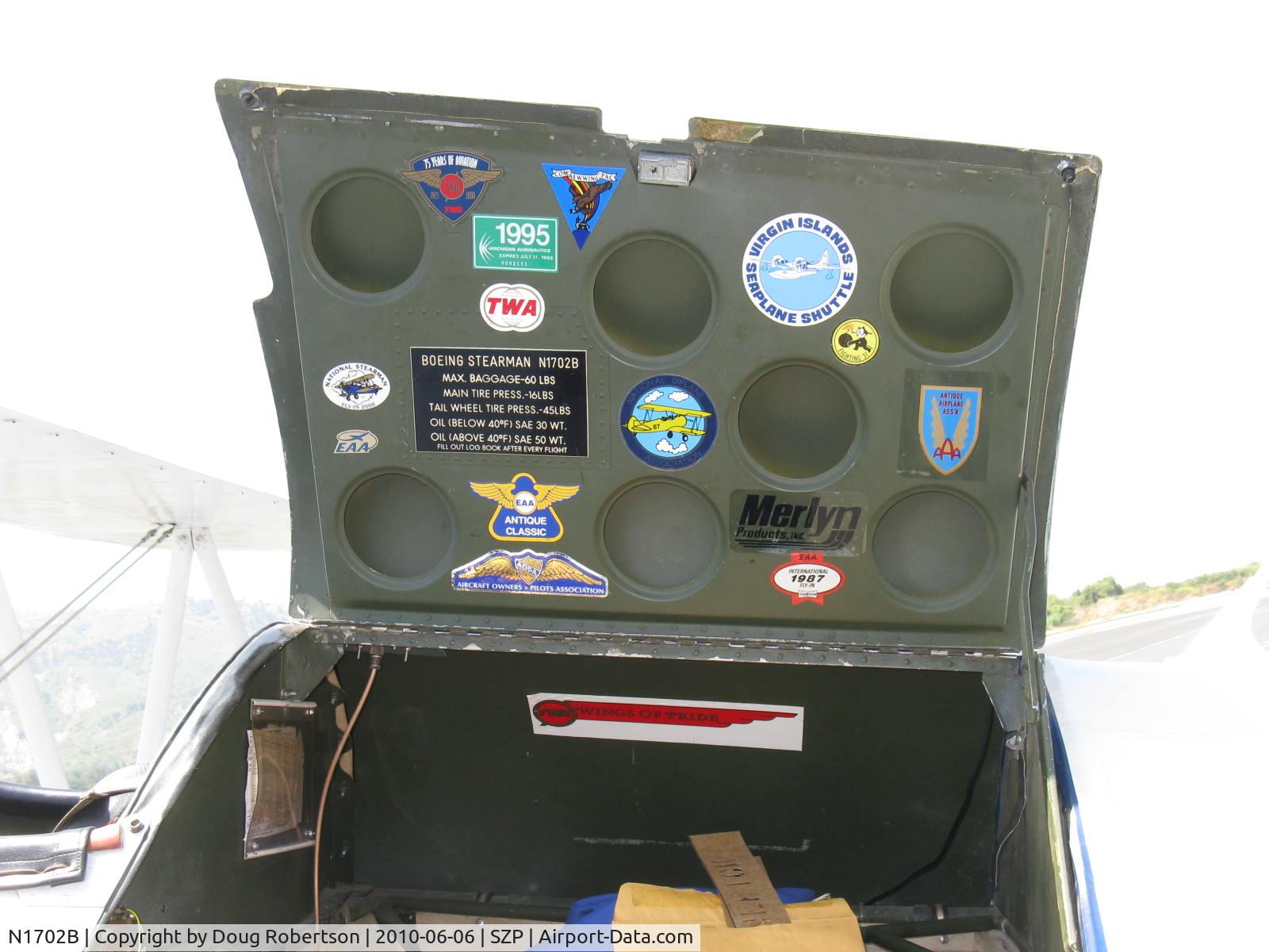 N1702B, 1942 Boeing PT-13D Kaydet (E75) C/N 75-5903, 1942 Boeing Stearman PT-13D 'Ruthies Doll', Continental W670 220 Hp, baggage hatch with souvenirs
