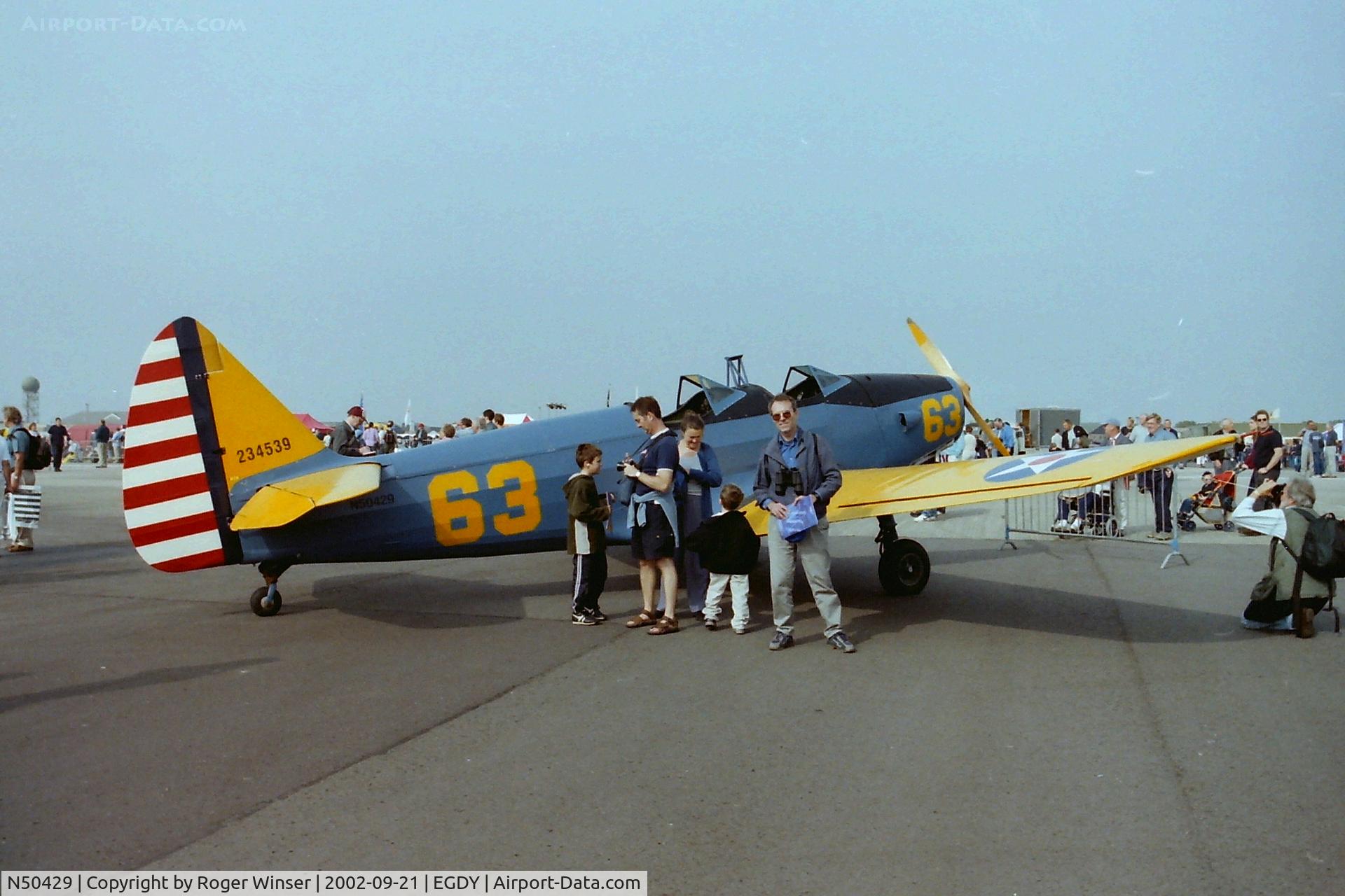 N50429, 1943 Fairchild M-62A C/N T43-5205, Fairchild Cornell primary trainer in USAAC colour scheme. Marked 234539 and coded 63 on static display at the RNAS Yeovilton Air Day 2002.