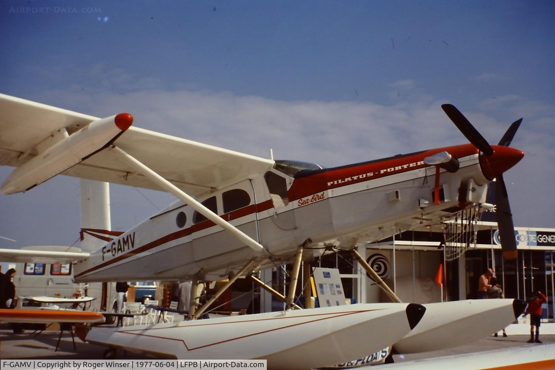F-GAMV, Pilatus PC-6/B2-H2 Turbo Porter C/N 726, Pilatus Porter sea plane (Sea Bird) at the Paris Air Show. Le Bourget June 1977 