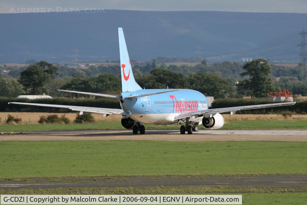 G-CDZI, 2000 Boeing 737-804 C/N 28229, Boeing 737-804 having back tracked the runway, turns to take off on 23 at Durham Tees Valley Airport in 2006.