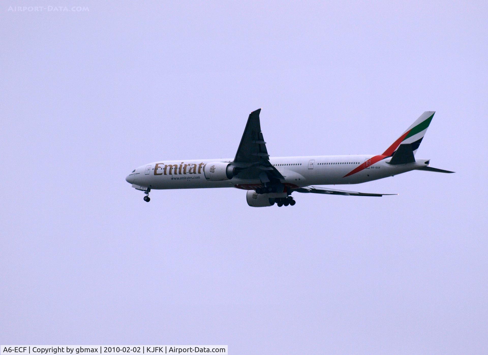 A6-ECF, 2007 Boeing 777-36H/ER C/N 35574, Emirates airplane going to a landing at JFK