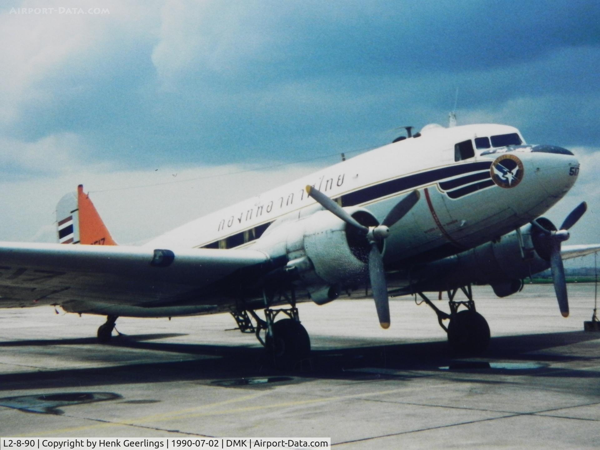 L2-8-90, Douglas C-47B Skytrain C/N 16101/32849, Royal Thai AF, Don Muang Airport. Wing 6 Sqn 603 Scan from photo taken in Jul 1990