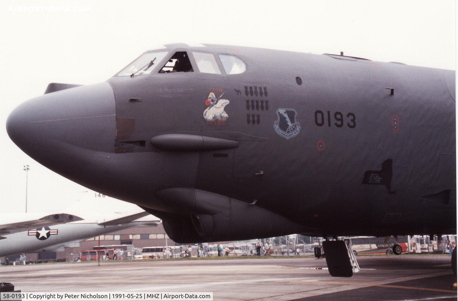 58-0193, 1958 Boeing B-52G Stratofortress C/N 464261, B-52G Stratofortress named Iron Maiden of 416th Bombardment Wing on display at the 1991  Mildenhall Air Fete.