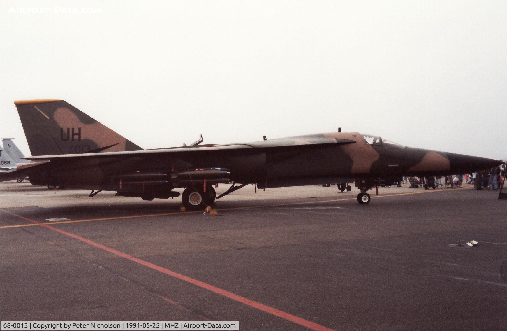68-0013, 1968 General Dynamics F-111E Aardvark C/N A1-182, F-111E of 79th Tactical Fighter Squadron/20th Tactical Fighter Wing based at RAF Upper Heyford on display at the 1991 Mildenhall Air Fete.