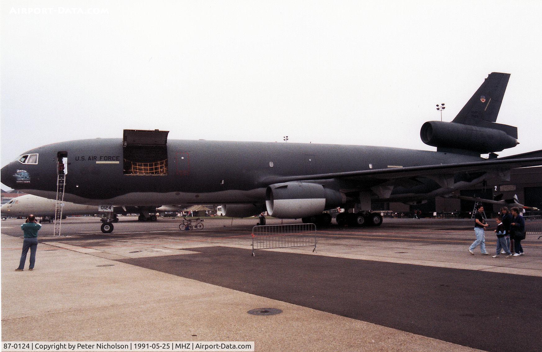 87-0124, 1987 McDonnell Douglas KC-10A Extender C/N 48310, KC-10A Extender named Spirit of Kitty Hawk of 4 Wing at Seymour-Johnson AFB on display at the 1991 Mildenhall Air Fete.