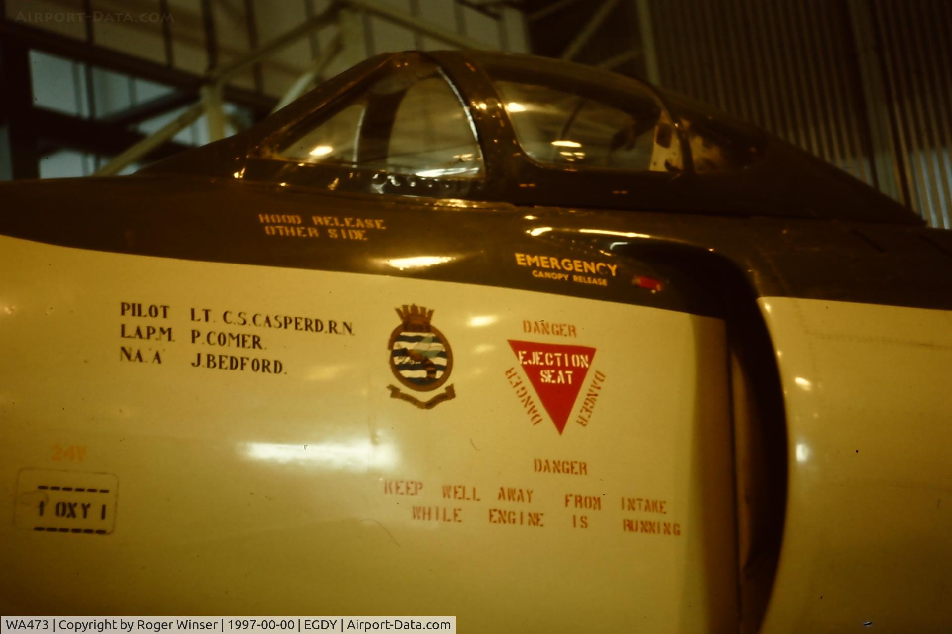WA473, Supermarine Attacker F.1 C/N Not found WA473, Lettering and 803 NAS badge on the Fleet Air Arm Museum's Attacker F.1. Summer 1997