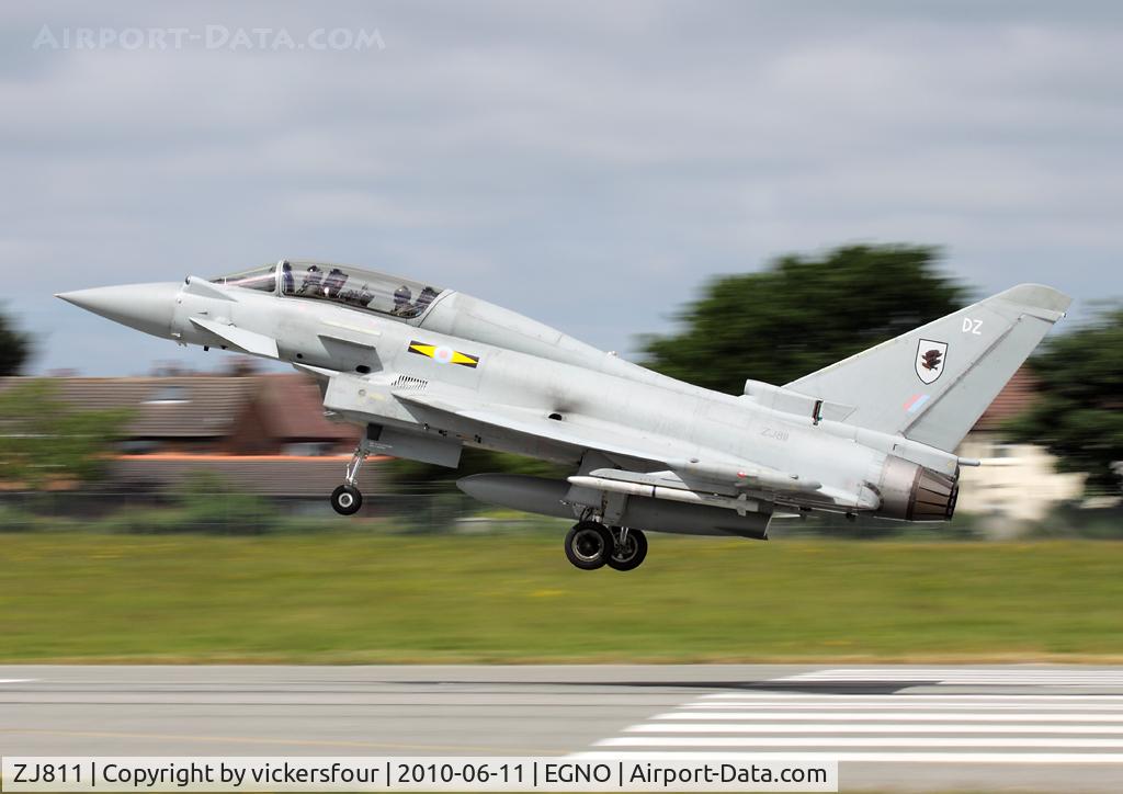 ZJ811, 2005 Eurofighter EF-2000 Typhoon T3 C/N 0049/BT012, Royal Air Force Typhoon T3 (c/n BT012). Landing after a post T3 upgrade air test. Wearing 11 Squadron markings and coded 'DZ'.