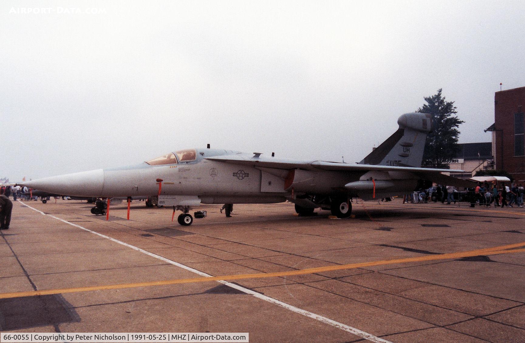 66-0055, 1966 General Dynamics EF-111A Raven C/N EF-37, EF-111A Raven named Wee Bee Jamming of 42nd Electronic Combat Squadron/66th Electronic Combat Wing based at Upper Heyford on display at the 1991 Mildenhall Air Fete.
