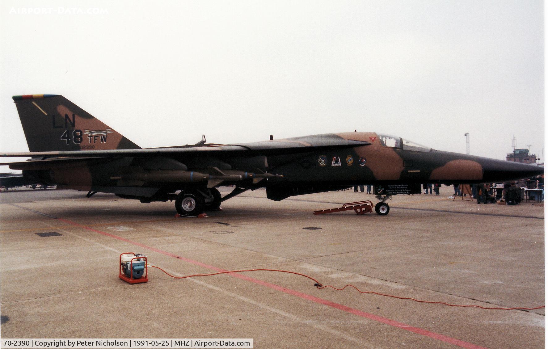 70-2390, 1970 General Dynamics F-111F Aardvark C/N E2-29, F-111E named Miss Liberty II, the 48th Tactical Fighter Wing Commander's aircraft, on display at the 1991 Mildenhall Air Fete is now on display at Wright-Patterson USAF Museum.