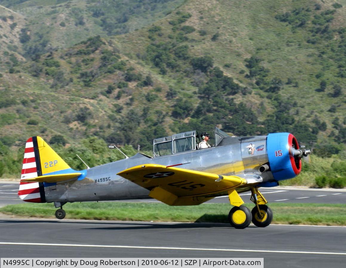 N4995C, 1949 North American T-6G Texan C/N 168-481, 1949 North American T-6G 'Thirsty Girl' (1949 factory reman), P&W R-1340 Wasp 600 Hp, Experimental class, landing roll Rwy 22