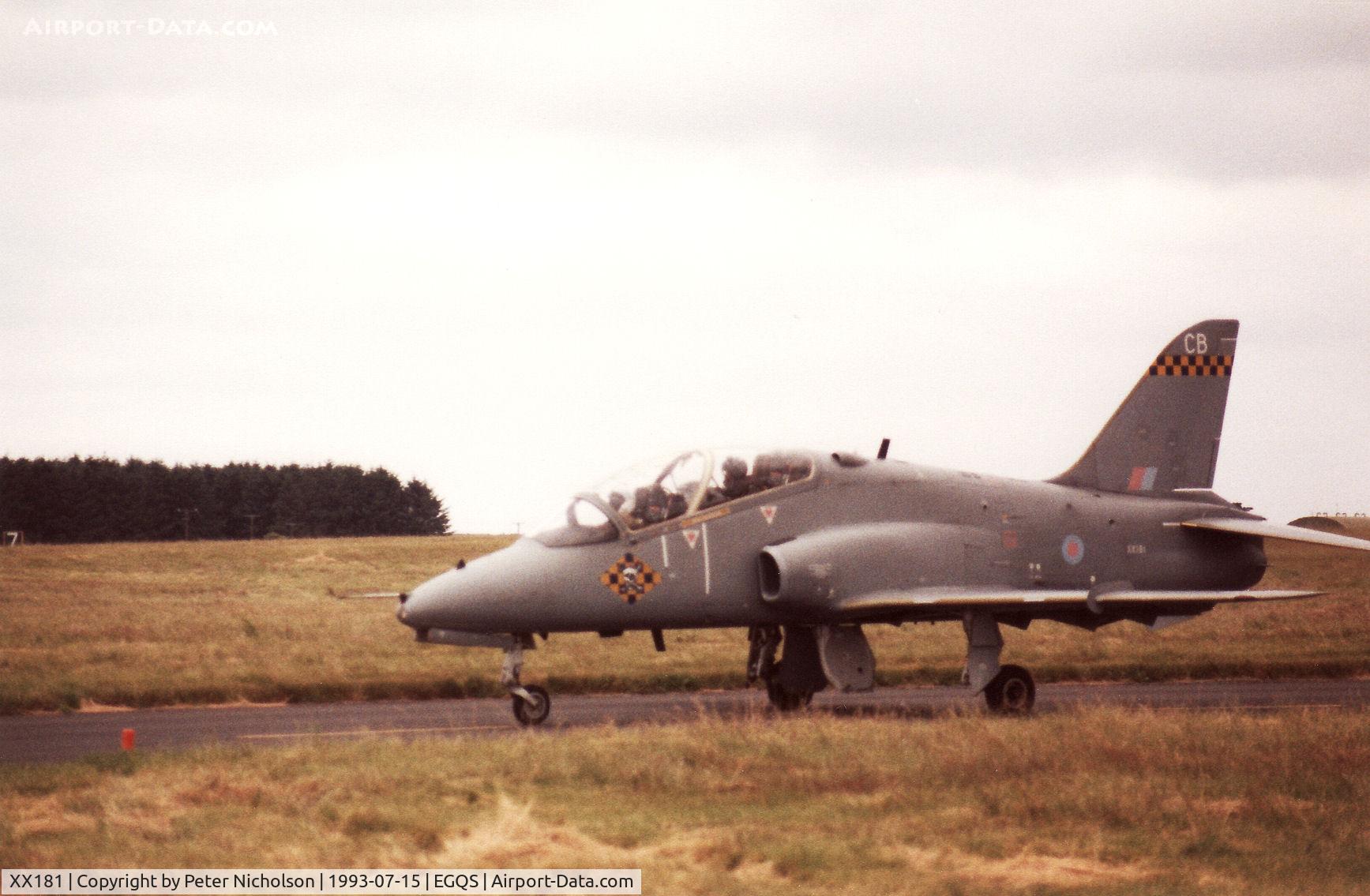 XX181, 1977 Hawker Siddeley Hawk T.1 C/N 028/312028, Hawk T.1 of 100 Squadron at RAF Leeming taxying to the active runwayat RAF Lossiemouth in the Summer of 1993.