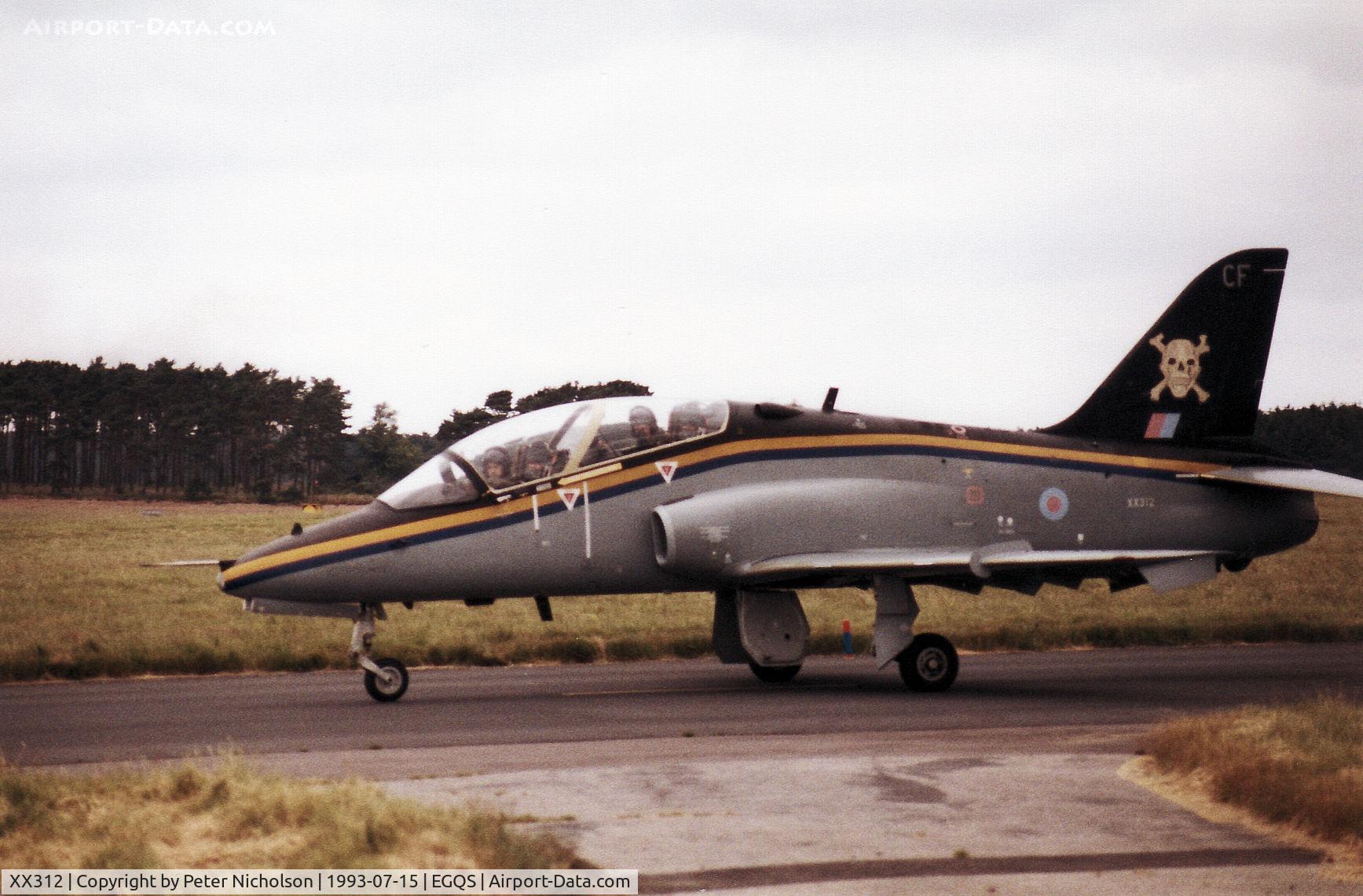 XX312, 1980 Hawker Siddeley Hawk T.1 C/N 148/312137, Hawk T.1 of 100 Squadron at RAF Leeming taxying to the active runway at RAF Lossiemouth in the Summer of 1993.