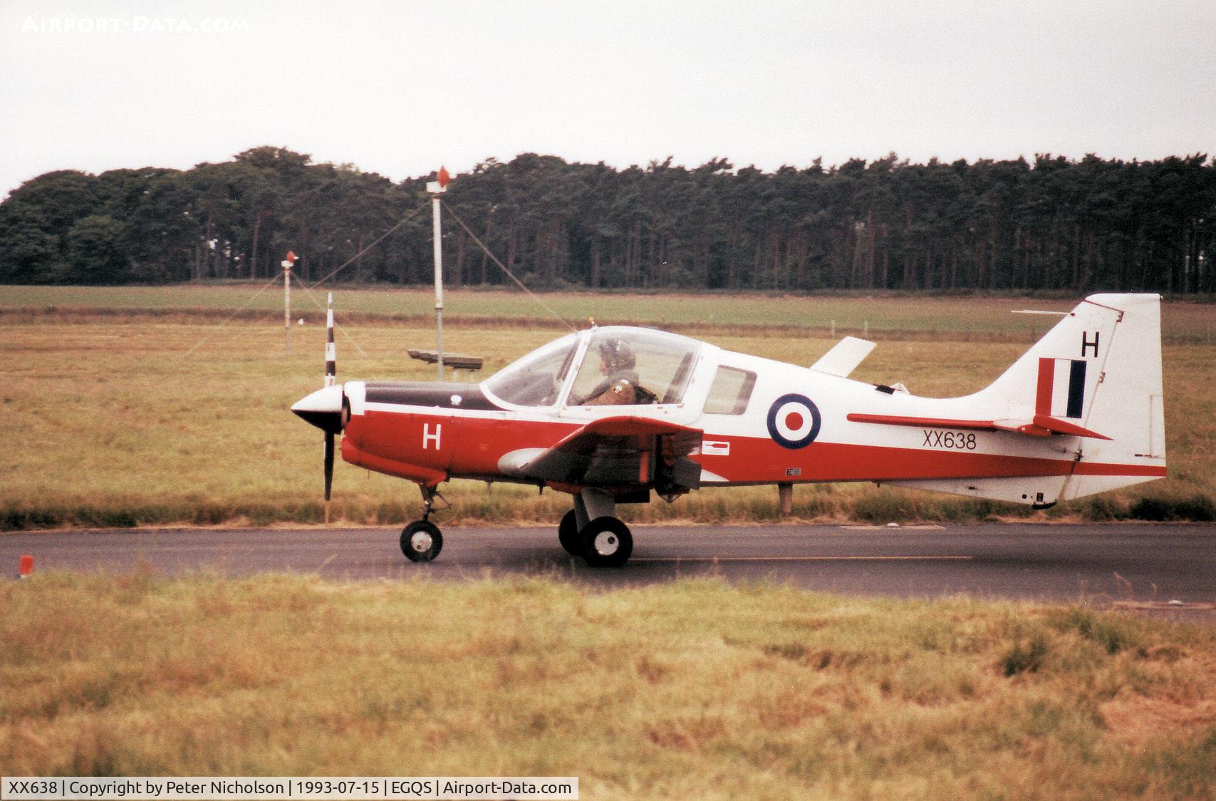 XX638, 1974 Scottish Aviation Bulldog T.1 C/N BH120/308, Bulldog T.1 of Yorkshire University Air Squadron on detachment to RAF Lossiemouth in the Summer of 1993.