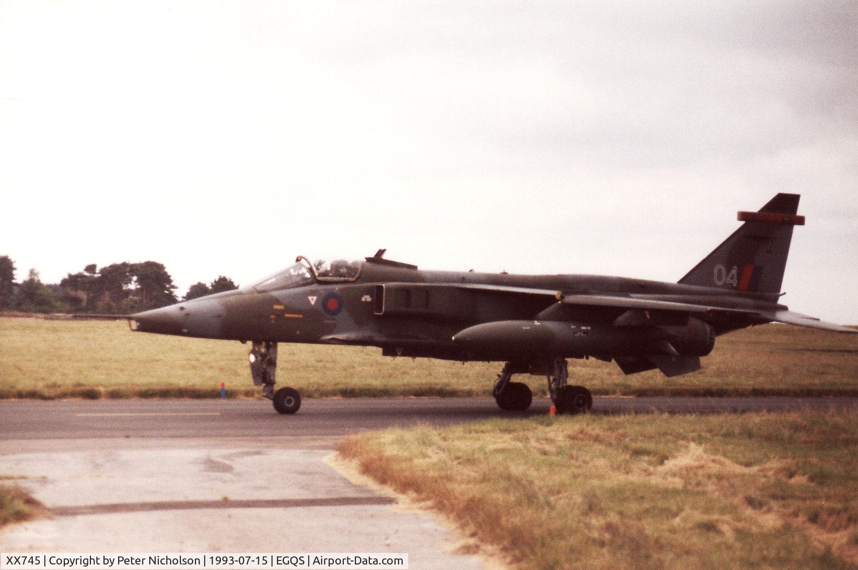 XX745, 1974 Sepecat Jaguar GR.1A C/N S.42, Jaguar GR.1A of 16[R] Squadron taxying to the active runway at RAF Lossiemouth in the Summer of 1993.
