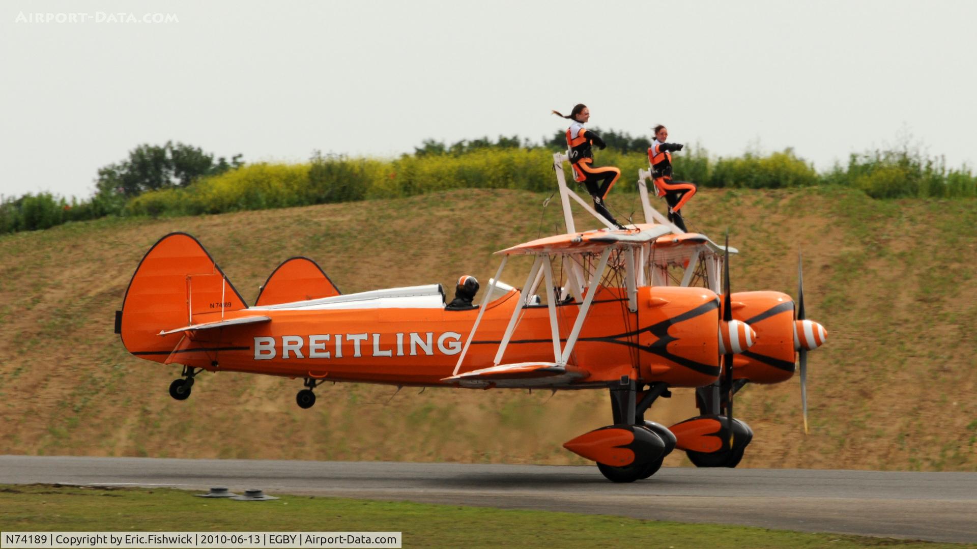 N74189, 1941 Boeing PT-17/R985 Kaydet (A75N1) C/N 75-717, N74189 and N707JT with new Breitling paint at Bentwaters Park Airshow June 2010