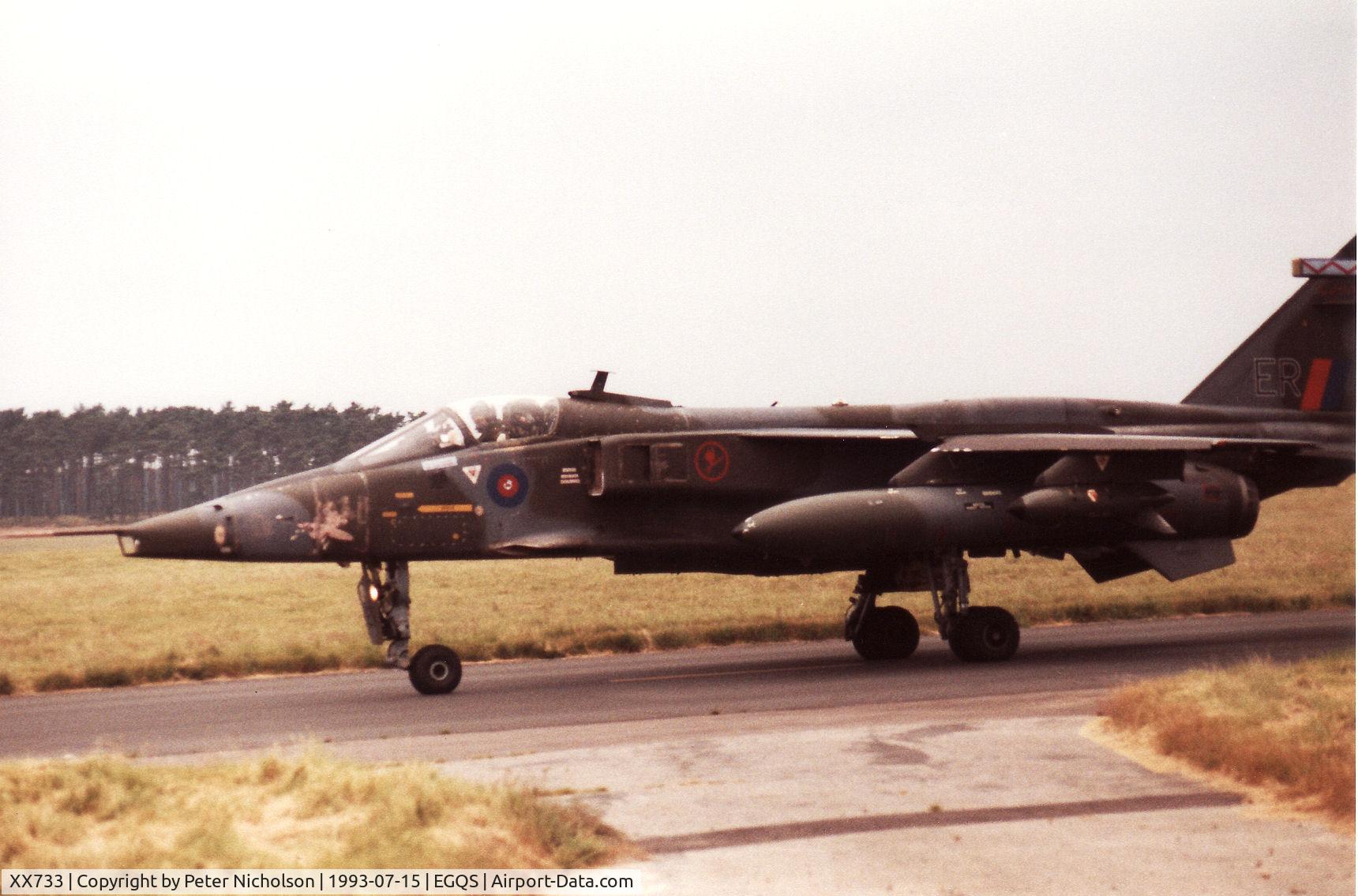 XX733, 1974 Sepecat Jaguar GR.1A C/N S.30, Jaguar GR.1A of 6 Squadron based at RAF Coltishall taxying to the active runway at RAF Lossiemouth in the Summer of 1993.