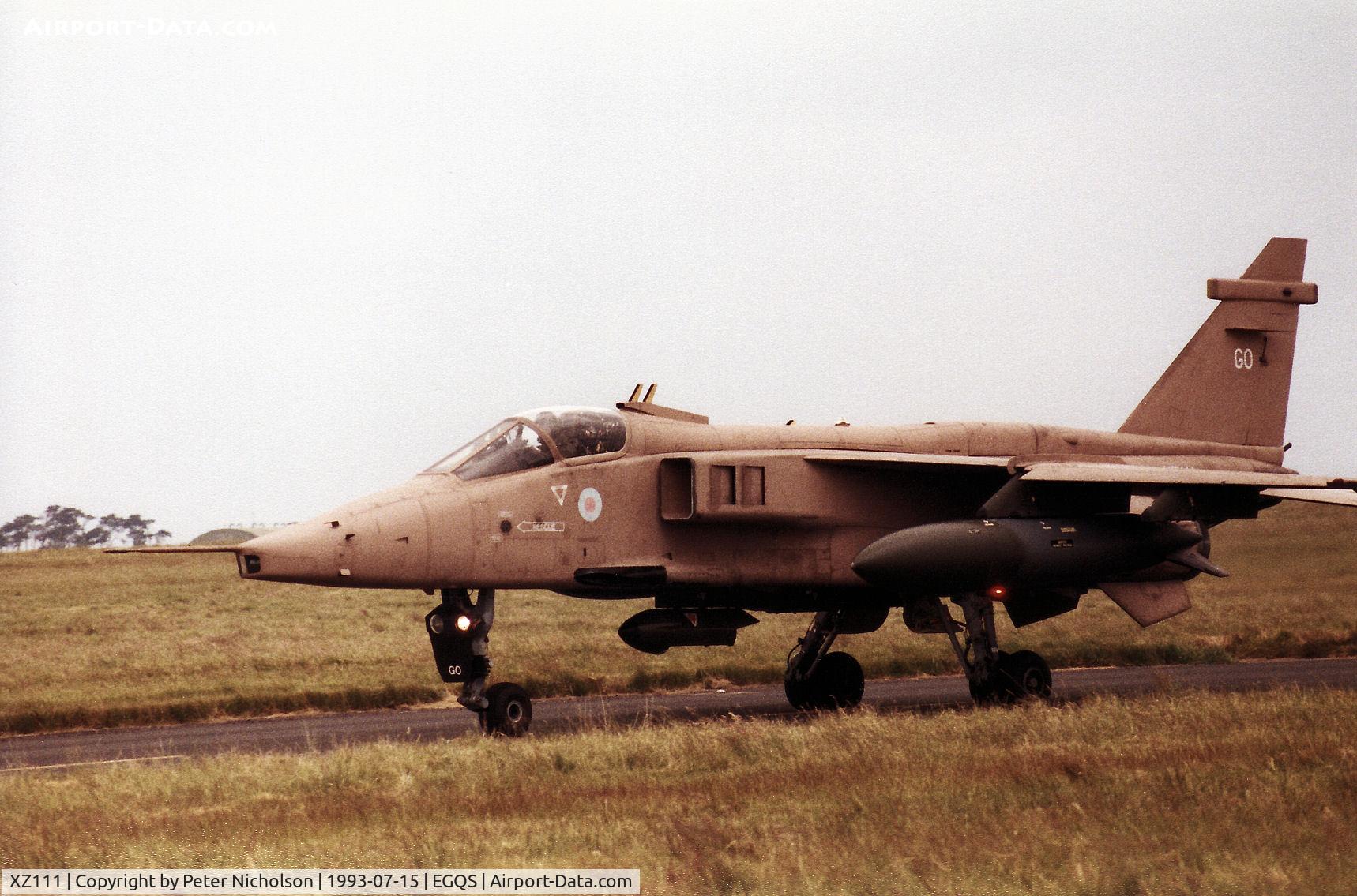 XZ111, 1976 Sepecat Jaguar GR.1A C/N S.112, Jaguar GR.1A of 54 Squadron based at RAF Coltishall taxying to the active runway at RAF Lossiemouth in the Summer of 1993.