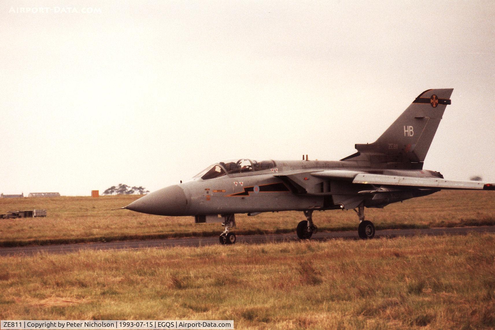 ZE811, 1988 Panavia Tornado F.3 C/N AS073/714/2108, Tornado F.3, callsign Scimitar 1, of 111 Squadron at RAF Leuchars taxying to the active runway at RAF Lossiemouth in the Summer of 1993.