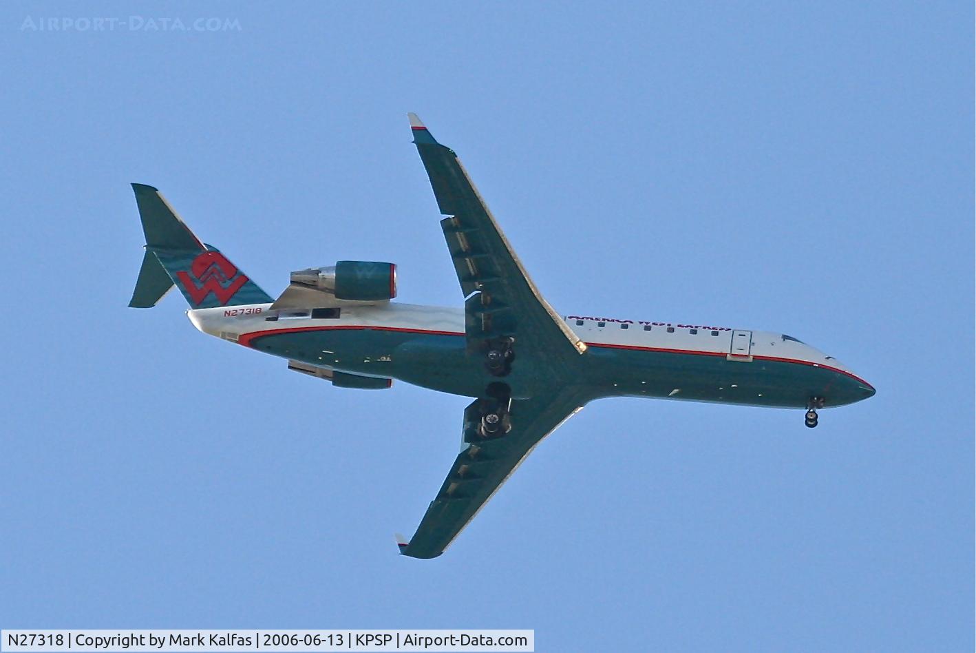 N27318, 1999 Bombardier CRJ-200LR (CL-600-2B19) C/N 7318, America West/Mesa Airlines CL-600-2B19, N27318 on approach to KPSP.