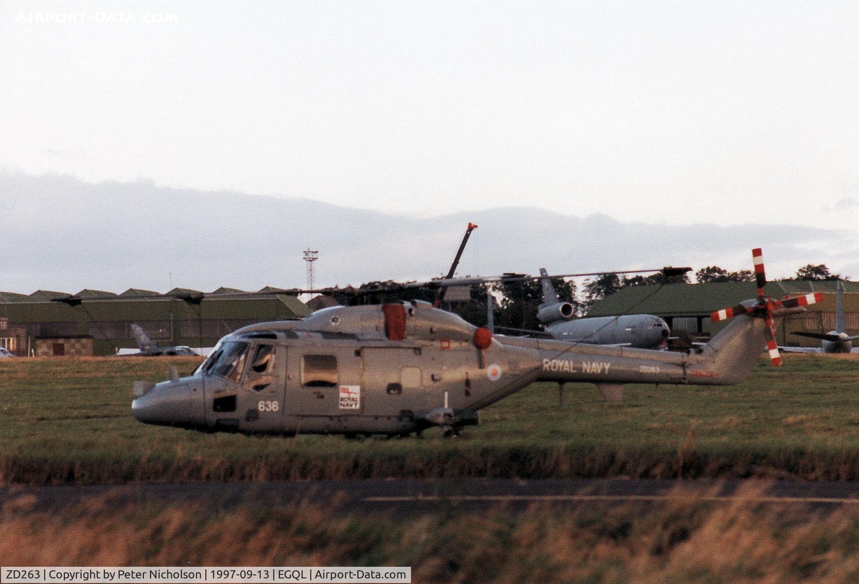 ZD263, 1983 Westland Lynx HAS.3S C/N 299, Lynx HAS.3S, callsign Navy 636, of 702 Squadron on display at the 1997 RAF Leuchars Airshow.