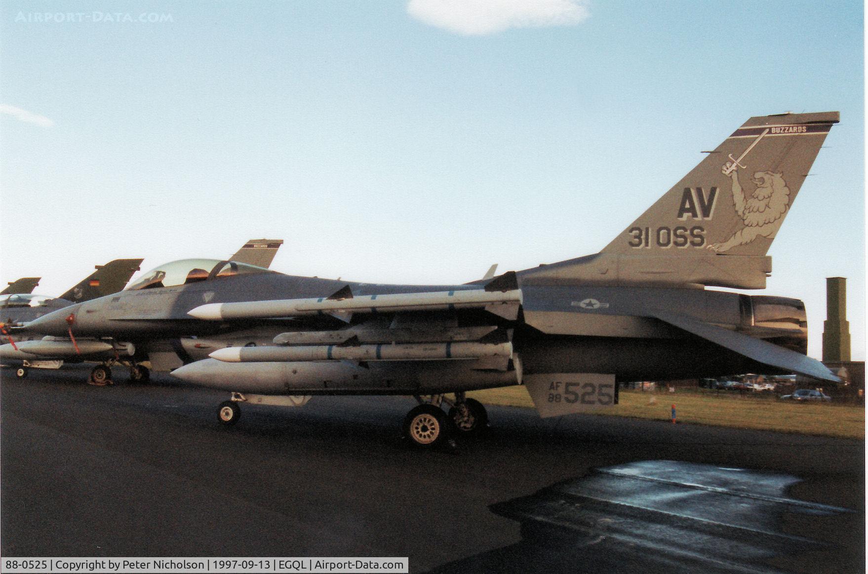 88-0525, 1988 General Dynamics F-16CG Night Falcon C/N 1C-127, F-16CG, callsign Spike 02, of 510th Fighter Squadron/31st Fighter Wing at Aviano on display at the 1997 RAF Leuchars Airshow.