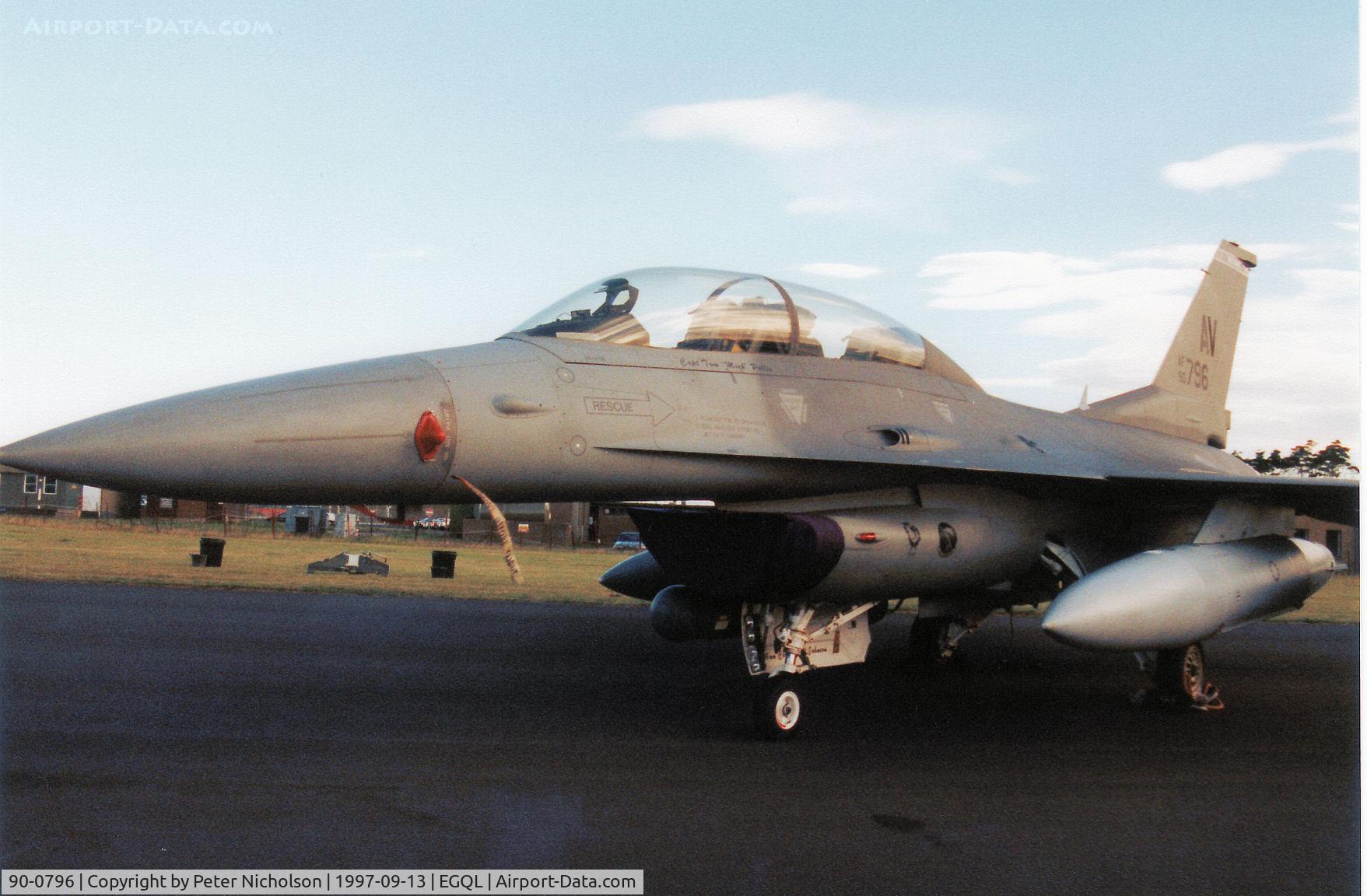 90-0796, 1990 General Dynamics F-16DG Night Falcon C/N 1D-74, F-16D Falcon, callsign Spike 01, of 510th Fighter Squadron/31st Fighter Wing at Aviano on display at the 1997 RAF Leuchars Airshow.