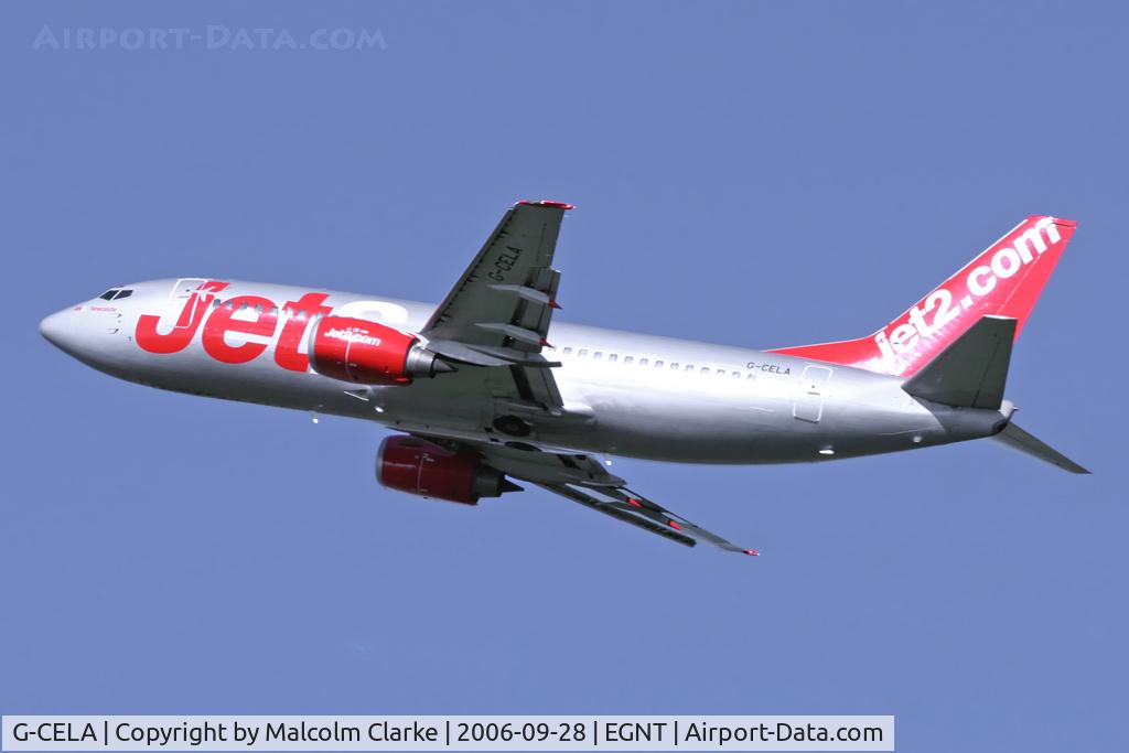 G-CELA, 1986 Boeing 737-377(QC) C/N 23663, Boeing 737-377 taking off on 25 at Newcastle Airport in September 2006.