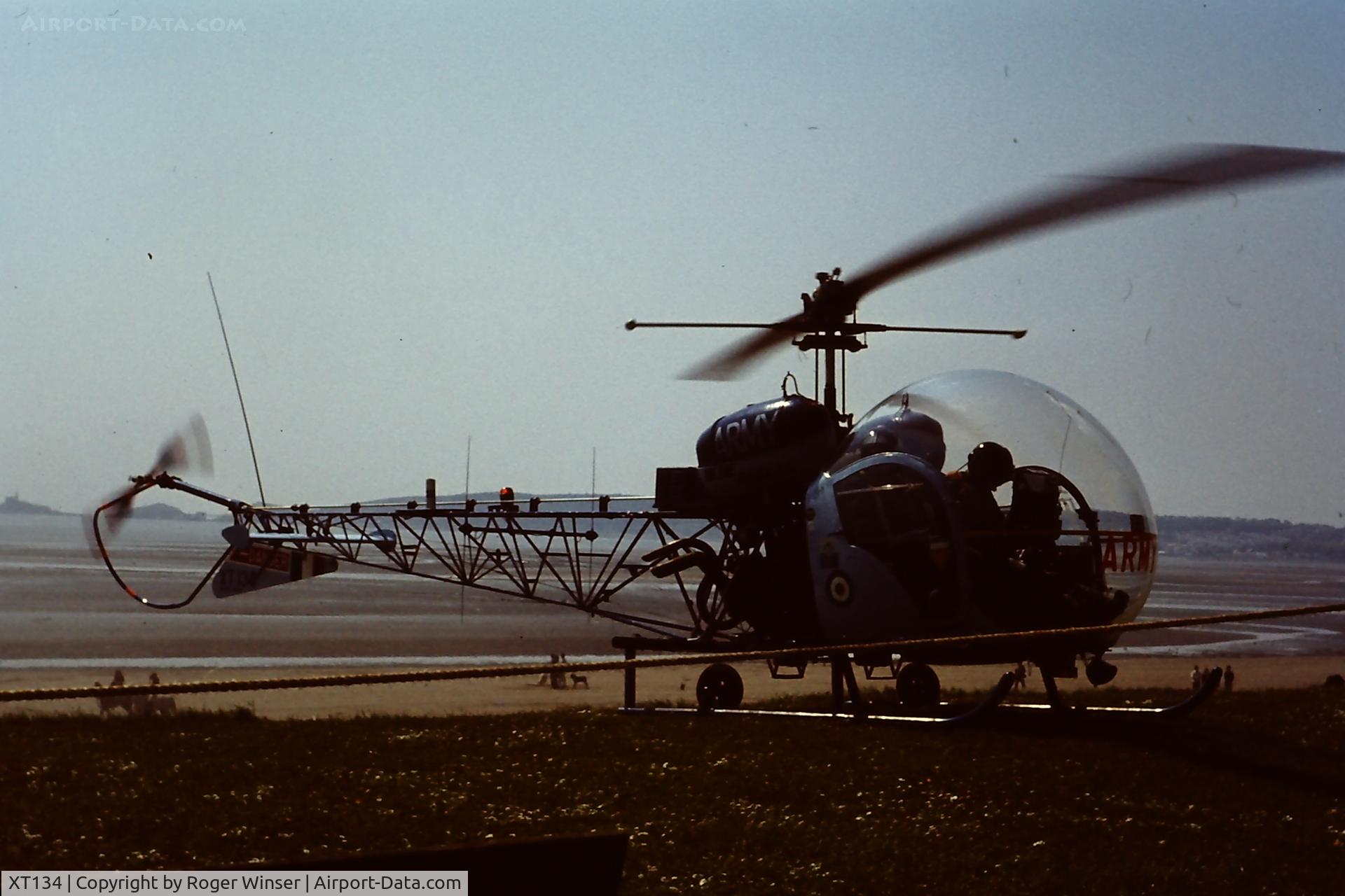 XT134, Westland Sioux AH.1 C/N 1545, Off airport. Army Air Corps Blue Eagles helicopter at the Swansea Bay Airshow, Wales early 1970's