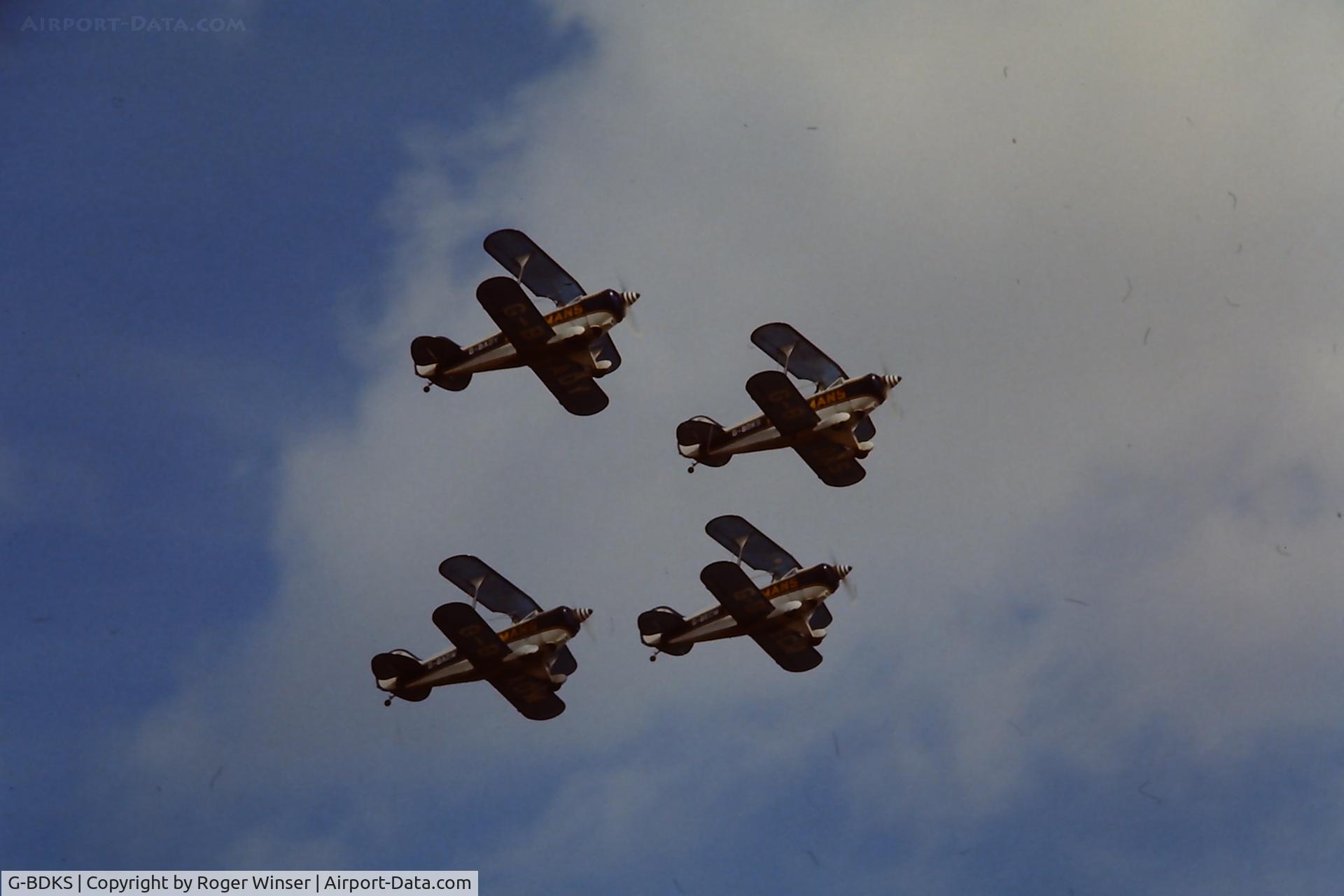 G-BDKS, 1975 Aerotek Pitts S-2A Special C/N 2112, Off airport. Leading the Rothmans Aerobatic team at a Swansea Bay Air Show, Wales late 1970's/early 1980's