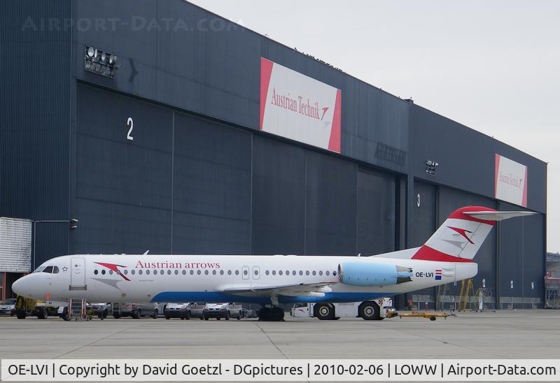 OE-LVI, 1993 Fokker 100 (F-28-0100) C/N 11468, In front of the mighty Austrian-hangars.
