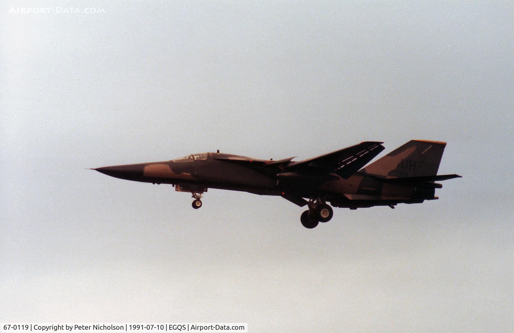 67-0119, 1968 General Dynamics F-111E Aardvark C/N A1-164, F-111E, callsign Chaps 1, of 77th Tactical Fighter Squadron/20th Tactical Fighter Wing at RAF Upper Heyford on practice approach to RAF Lossiemouth in the Summer of 1991.