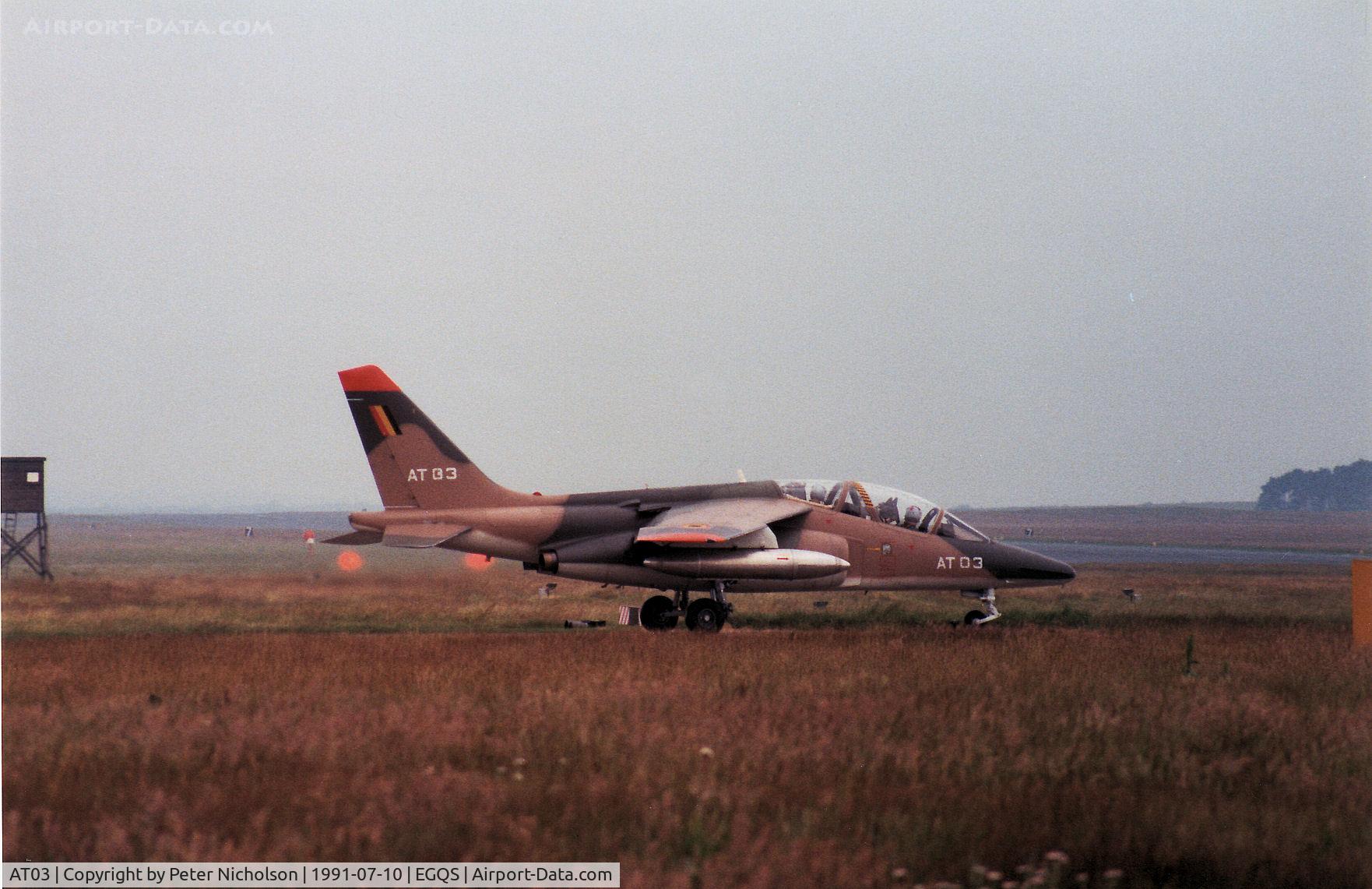 AT03, Dassault-Dornier Alpha Jet 1B C/N B03/1015, Alpha Jet of 9 Wing Belgian Air Force taxying to the active runway at RAF Lossiemouth in the Summer of 1991.