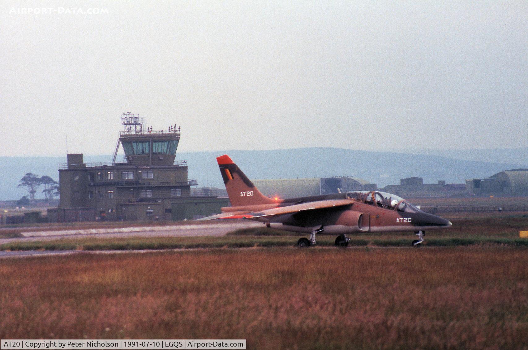 AT20, Dassault-Dornier Alpha Jet 1B C/N B20/1075, Alpha Jet of 9 Wing Belgian Air Force taxying to the active runway at RAF Lossiemouth in the Summer of 1991.