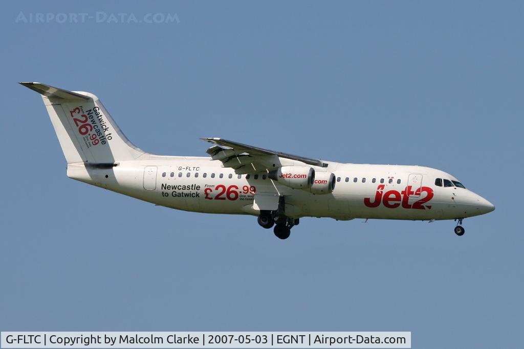 G-FLTC, 1991 British Aerospace BAe.146-300 C/N E3205, British Aerospace BAe-146-300 on approach to Rwy 07 at Newcastle Airport in May 2007.