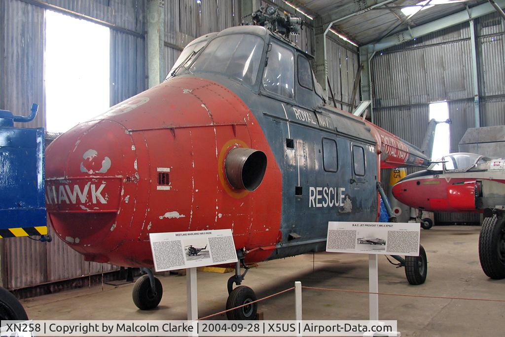 XN258, Westland Whirlwind HAR.9 C/N WA270, Westland Whirlwind HAR9 at the North East Aircraft Museum, Usworth in September 2004. Built as an HAS.7 in 1959; Upgraded to HAR.9 in 1966; W/U 1975; To NEAM 1993.