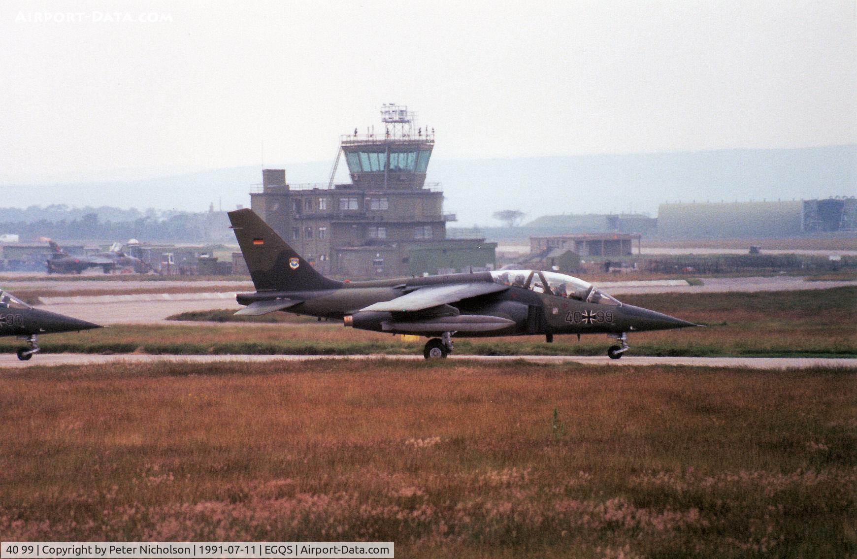 40 99, Dassault-Dornier Alpha Jet A C/N 0099, Alpha Jet of JBG-41 taxying to the active runway at RAF Lossiemouth in the Summer of 1991.