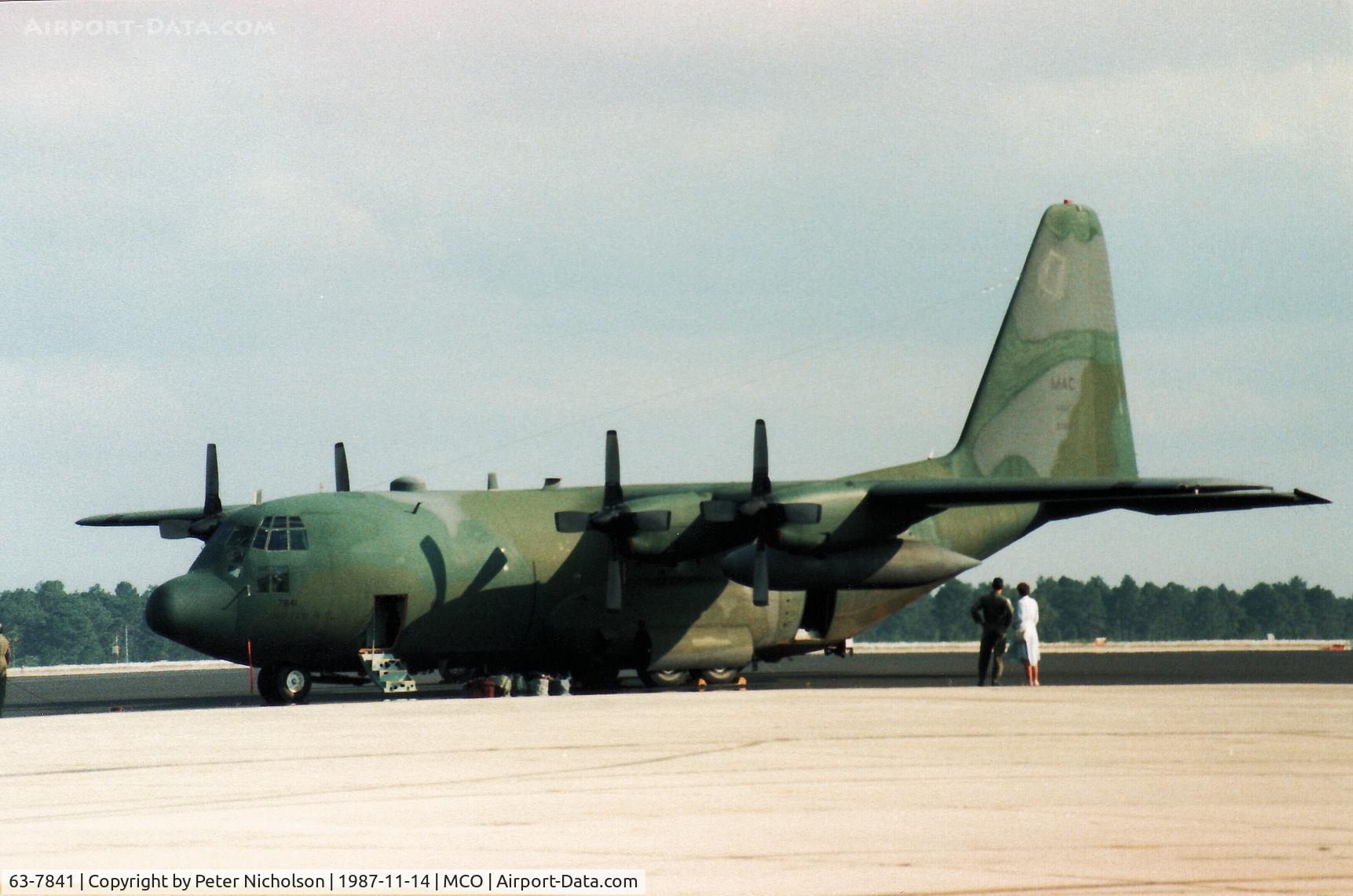 63-7841, 1963 Lockheed C-130E Hercules C/N 382-3911, C-130E Hercules of 61st Tactical Airlift Squadron/314th Tactical Airlift Wing at Little Rock AFB staging through Orlando in November 1987.