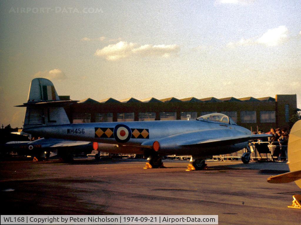 WL168, Gloster Meteor F.8 C/N Not found WL168, Meteor F.8 marked as WH 456 of 616 (South Yorkshire) Squadron Royal Auxiliary Air Force on display at the 1974 RAF Finningley Airshow.