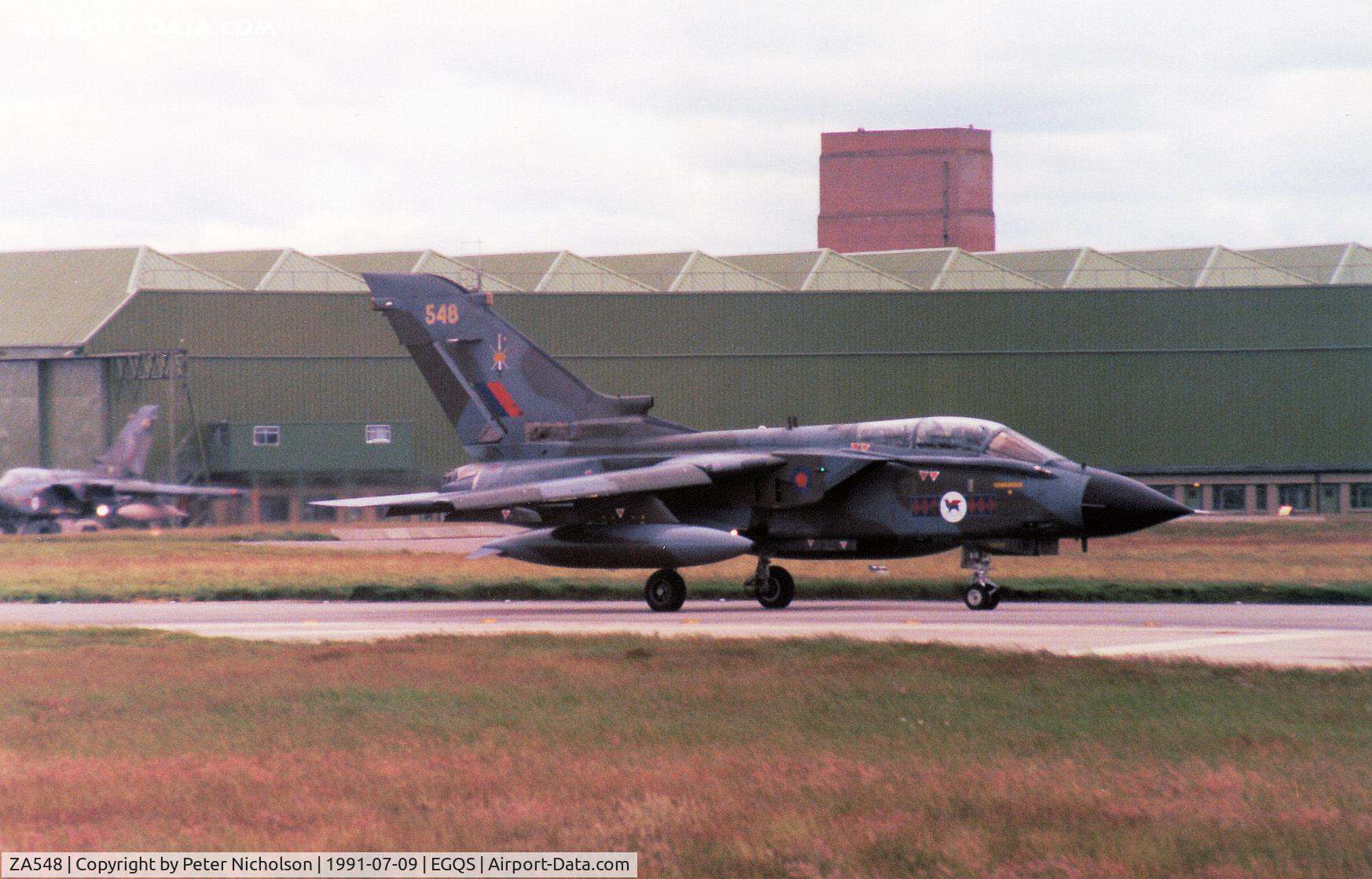 ZA548, 1981 Panavia Tornado GR.1 C/N 061/BT016/3032, Tornado GR.1, callsign Magnum 4, of RAF Honington's Tactical Weapons Conversion Unit taxying to the active runway at RAF Lossiemouth in the Summer of 1991.
