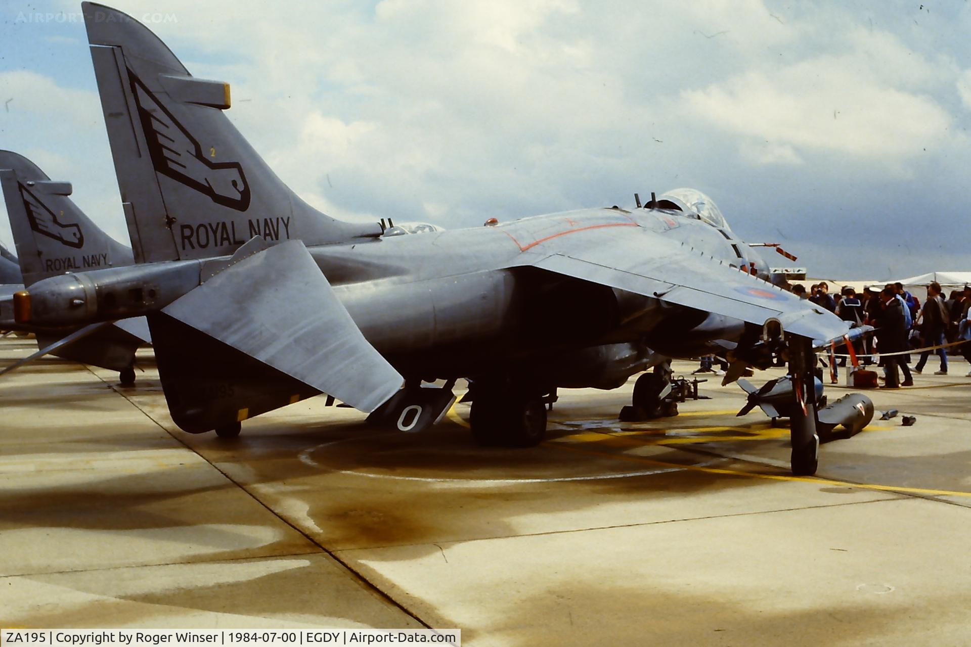 ZA195, 1983 British Aerospace Sea Harrier FRS.1 C/N 41H-912034, Coded 710 of 899 NAS at RNAS Yeovilton in 1984 before conversion to F/A.2 standards.