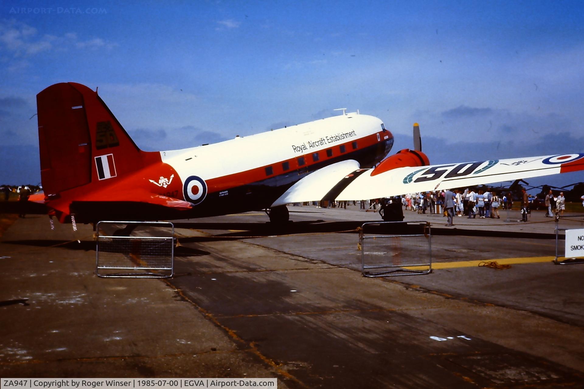 ZA947, 1943 Douglas C-47A-60-DL Dakota III C/N 10200, At IAT 1985 held at RAF Fairford. RAE aircraft carrying 50th anniversary markings celebrating the first flight of the prototype DC-3