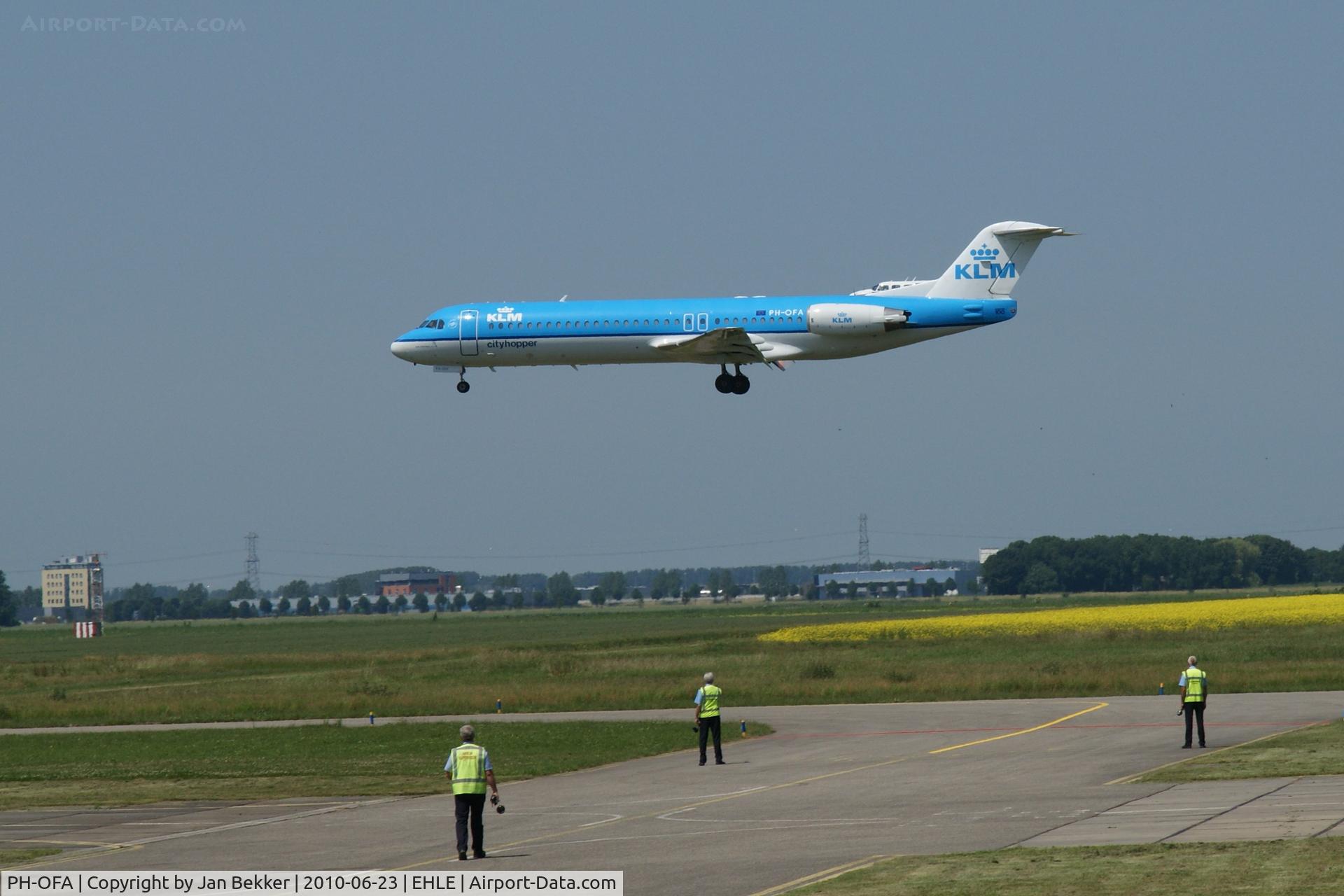 PH-OFA, 1988 Fokker 100 (F-28-0100) C/N 11246, Just before final touchdown at Lelystad Airport. The plane was donated to the Aviodrome Museum by KLM.