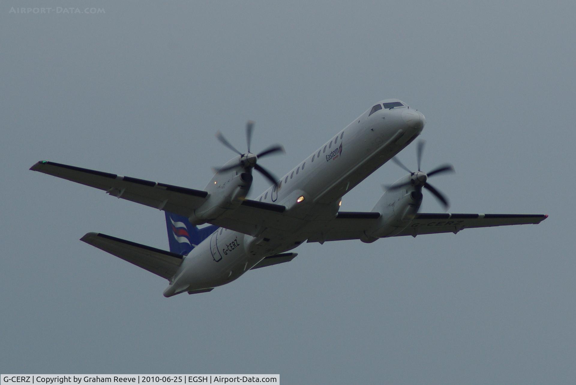 G-CERZ, 1997 Saab 2000 C/N 2000-042, Departing from Norwich.