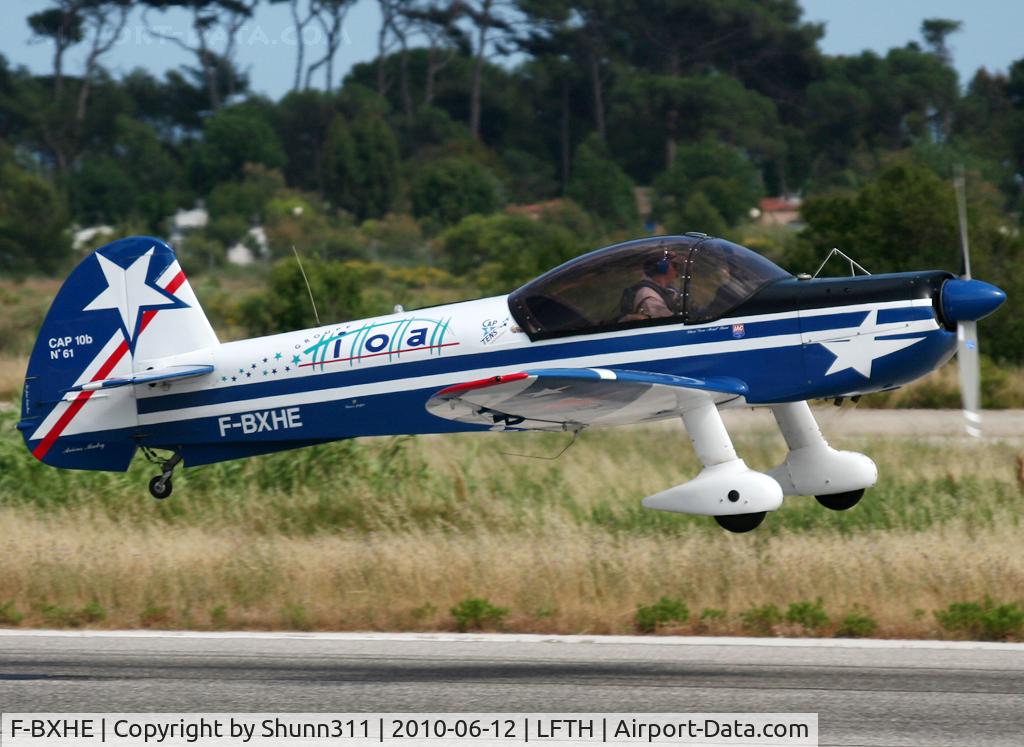 F-BXHE, Mudry CAP-10B C/N 61, On take off from demo flight one day before LFTH Open Day 2010...