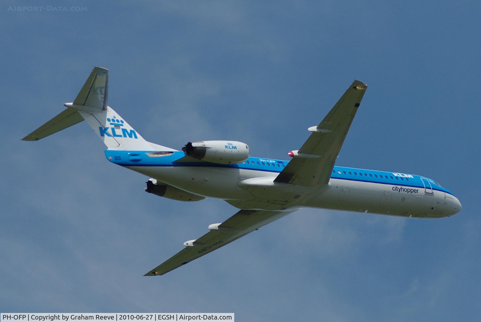 PH-OFP, 1995 Fokker 100 (F-28-0100) C/N 11472, Departing from Norwich.