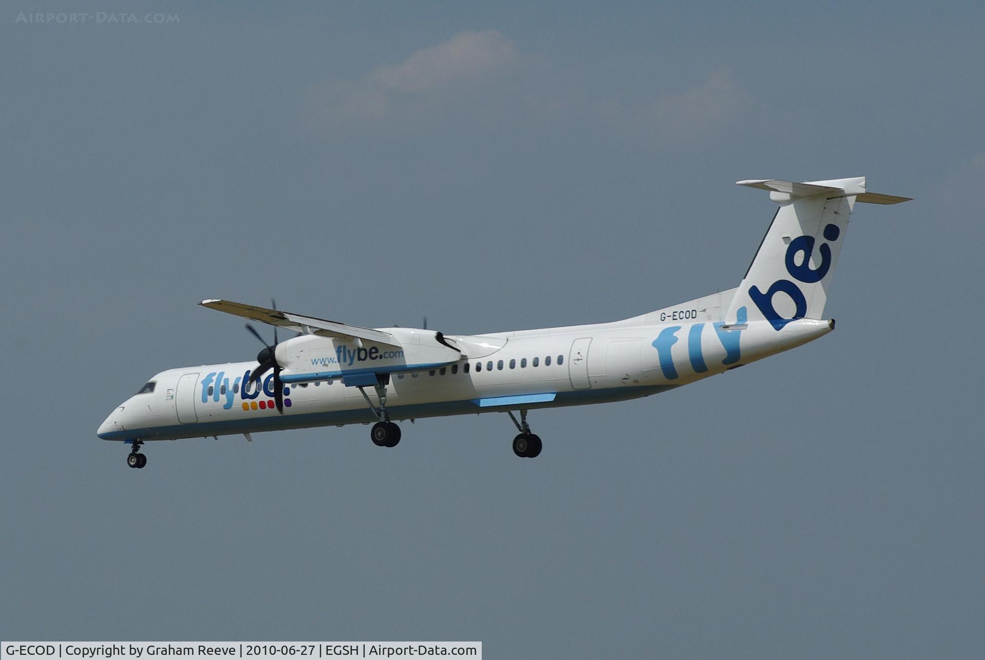 G-ECOD, 2008 De Havilland Canada DHC-8-402Q Dash 8 C/N 4206, Landing at Norwich.