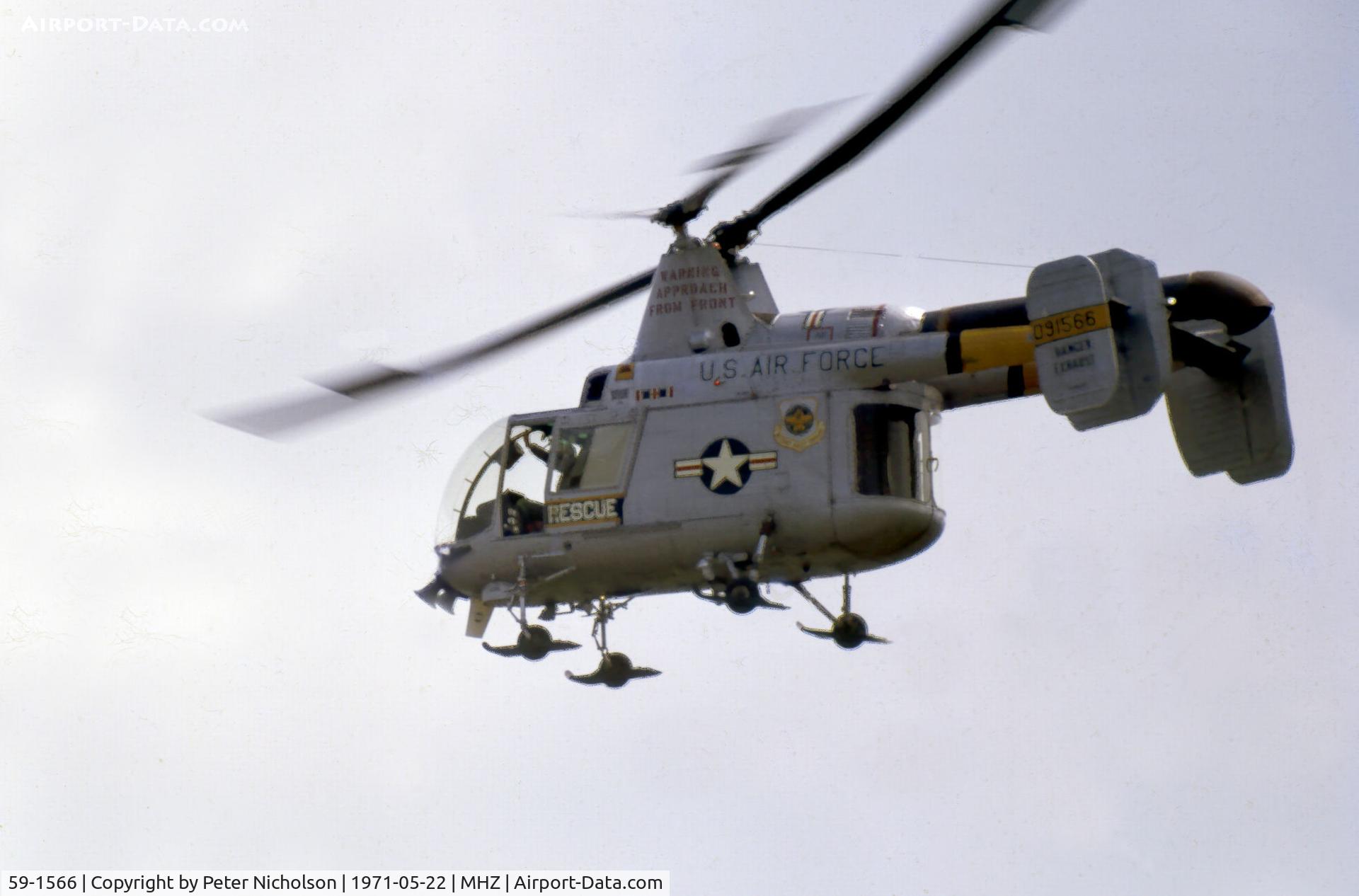 59-1566, 1959 Kaman HH-43F Huskie C/N 47, HH-43F of Det 3 40th Aerospace Rescue & Recovery Wing on display at the 1971 RAF Mildenhall Air Fete.