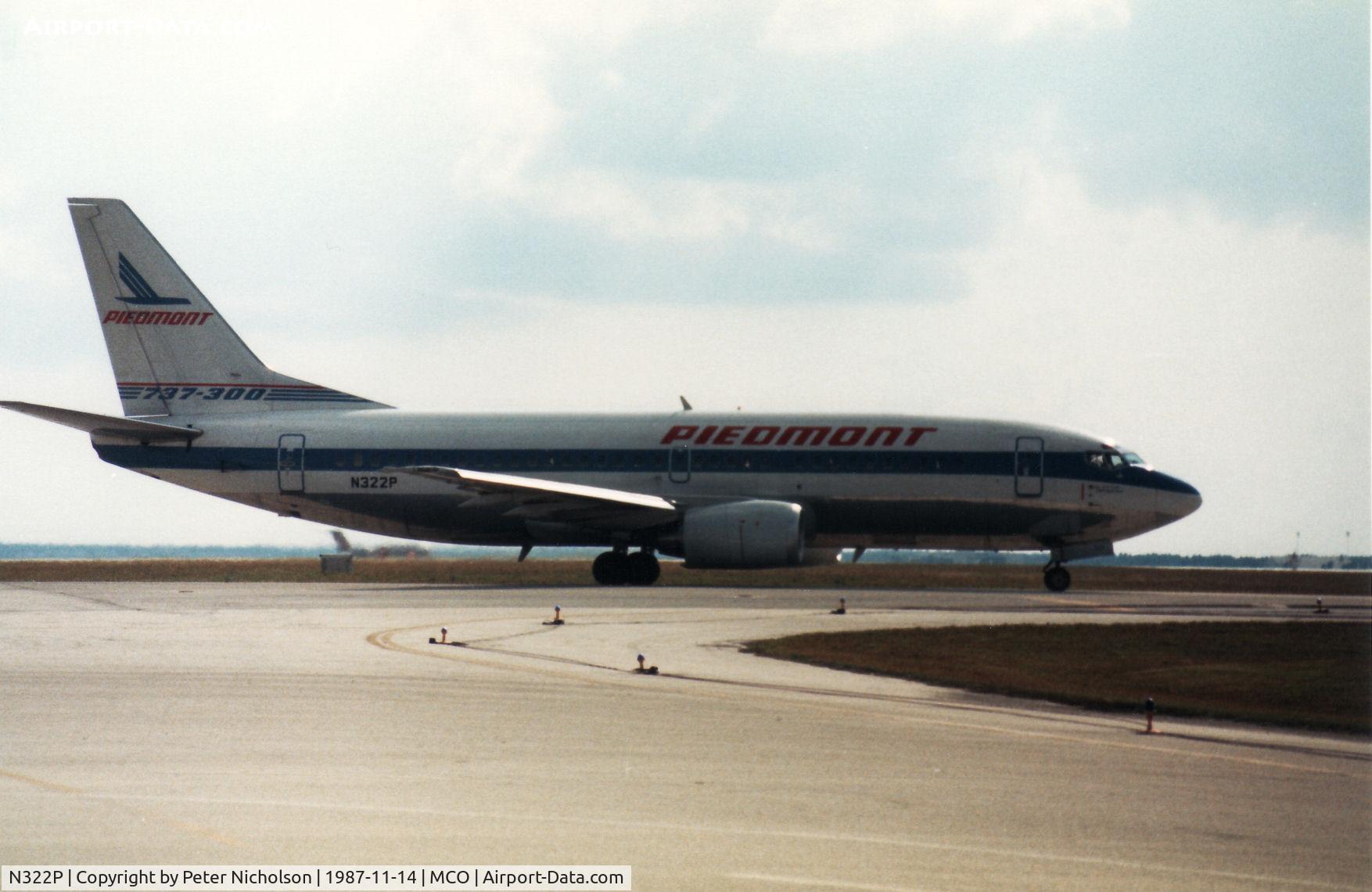 N322P, 1986 Boeing 737-301 C/N 23511, Boeing 737-301 of Piedmont Airlines taxying to the active runway at Orlando in November 1987.