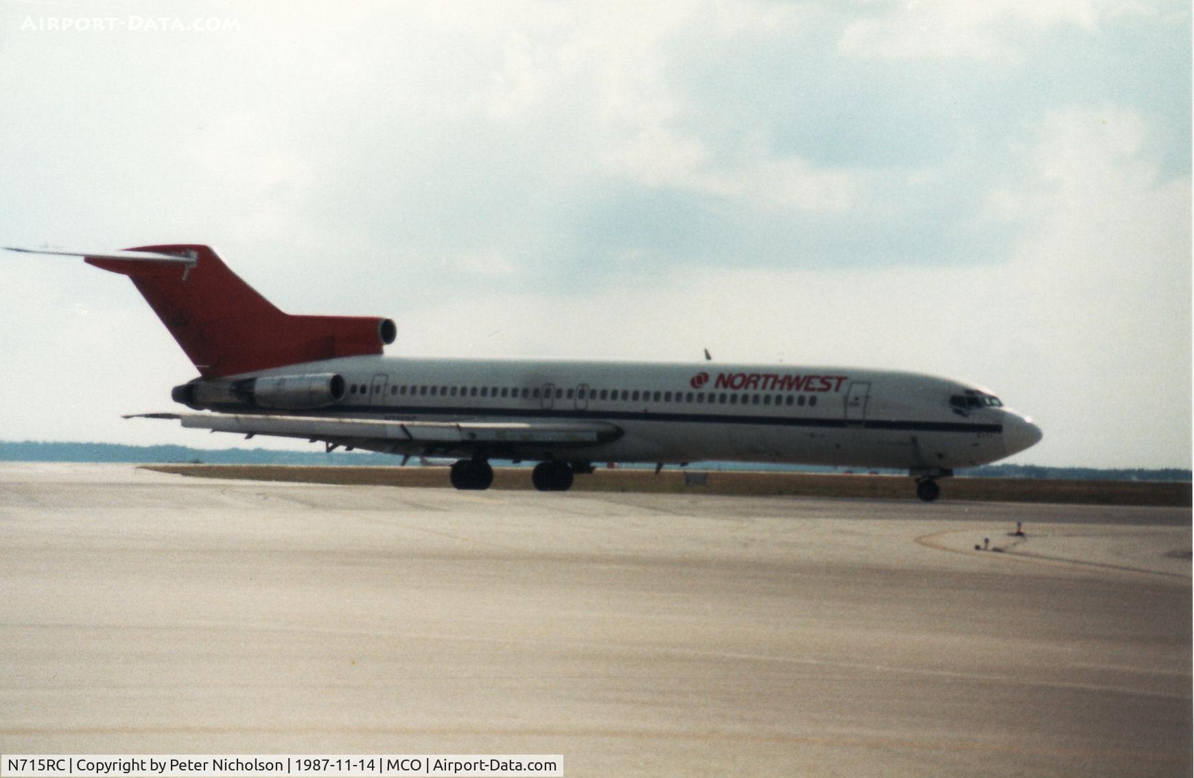 N715RC, 1980 Boeing 727-2S7 C/N 22019, Boeing 727-2S7 of Northwest Airlines taxying to the active runway at Orlando in November 1987.